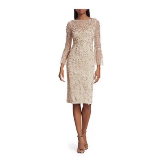 THEIA Hand-Beaded & Petal Applique 3/4 Bell-Sleeve Dress Women’s SIZE 4 - Picture 5 of 14